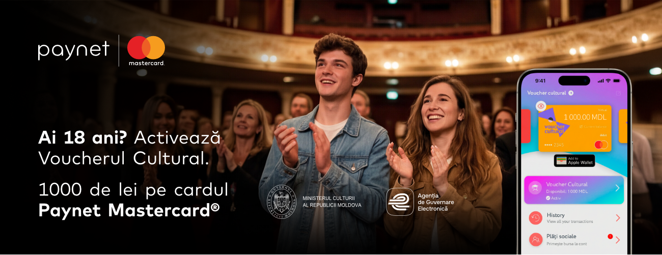 Voucherul Cultural este disponibil pe telefonul fiecărui tânăr prin emiterea automată a unui card virtual Paynet Mastercard, ce poate fi utilizat imediat online, fizic, prin Apple Pay sau Google Pay.